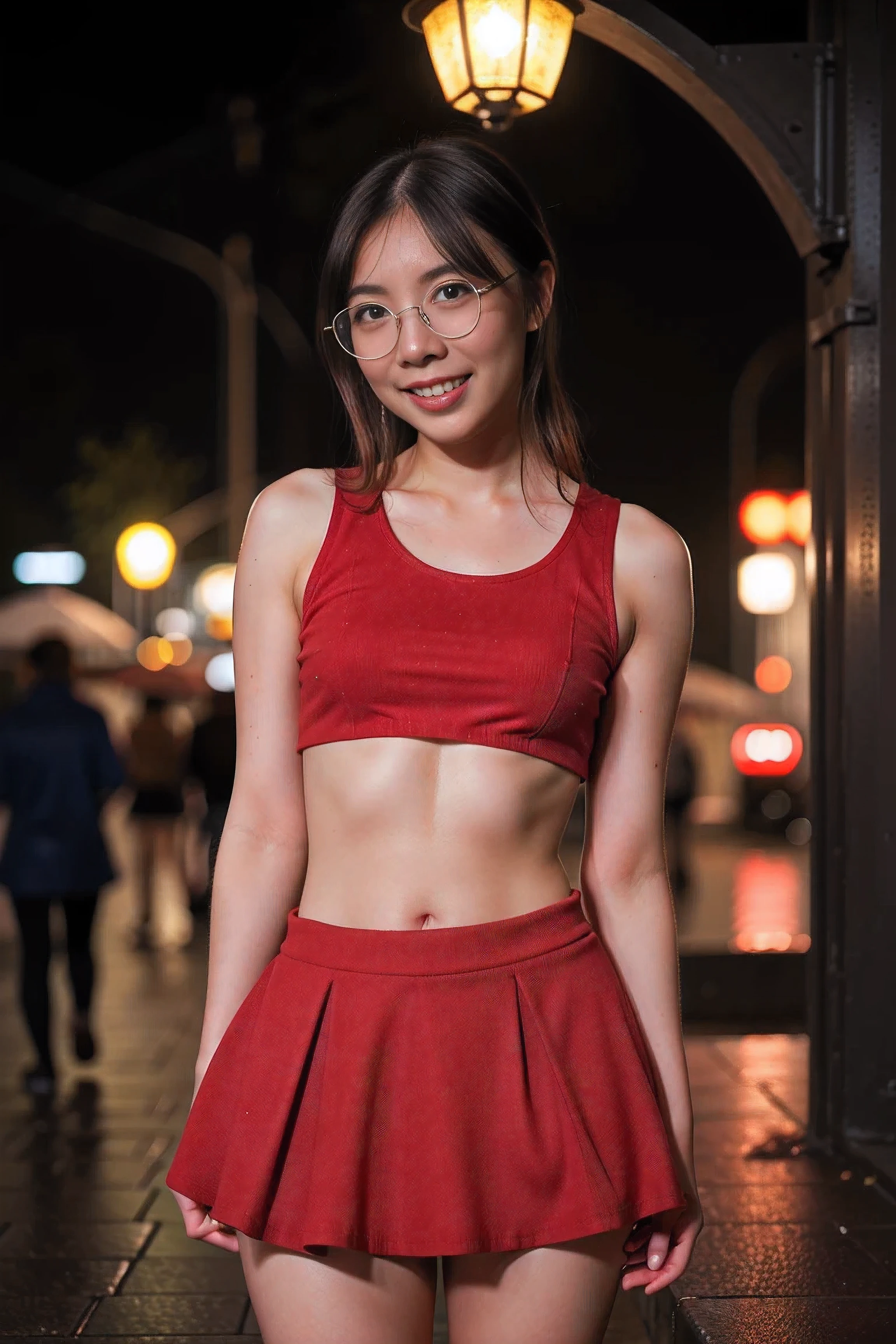 lilypichu, lilypichu woman, smile(0.5), photorealistic(1.0), ((Best quality, 8k, revealing miniskirt, crop top, standing in the rain, red light district, highly detailed face and skin texture, detailed eyes.)