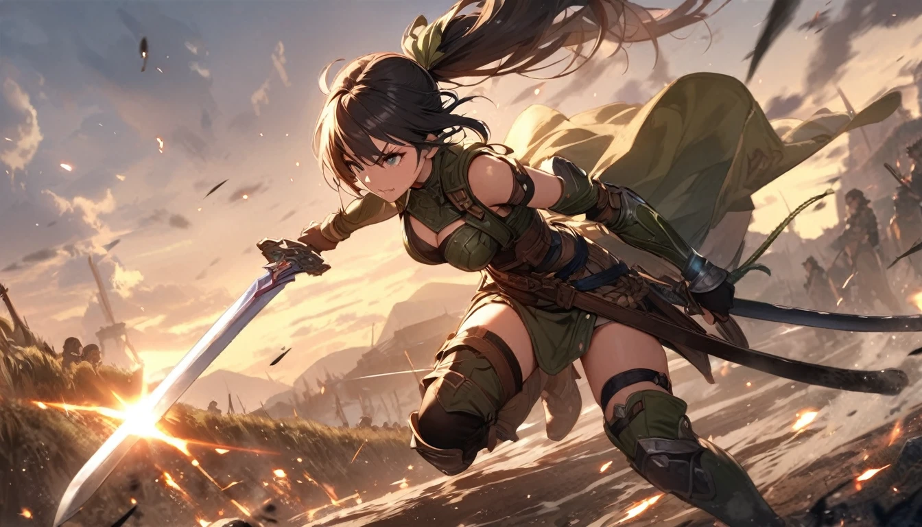 Ultra-high definition image quality、beautiful girl、Woman warrior、Female Swordsman、Light Armor、Green Boots、Long Hair、Knight's Hair Ornament、Black Hair、20-year-old、Be confident々face、Very short tight skirt、Sexy posture、wilderness、Highest quality,Big Ass、Big Breasts、Thighs、Grab the spear、Gorgeous embroidered lace panties、Joan of Arc style clothing、Wind King Barrier、Her hair is fluttering in the wind、The Sword of Promised Victory、god々Wearing a bright aura、Big Ass、Valkyrie the War Maiden、Crotch close-up、Angle from directly below
