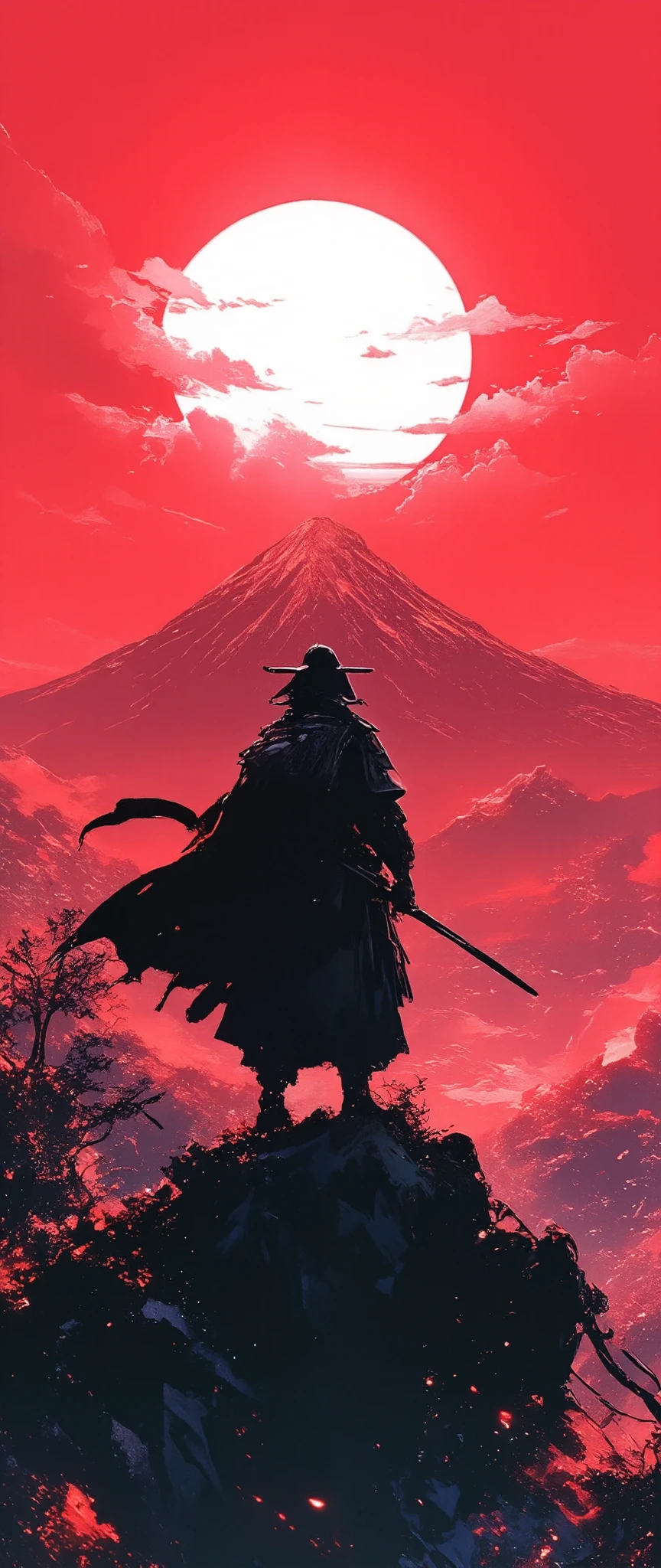 a samurai with his katana image in 3 colors , white ,Black and red, climbed a mountain peak in the center of the image is the sun in white the mountain black the sky red