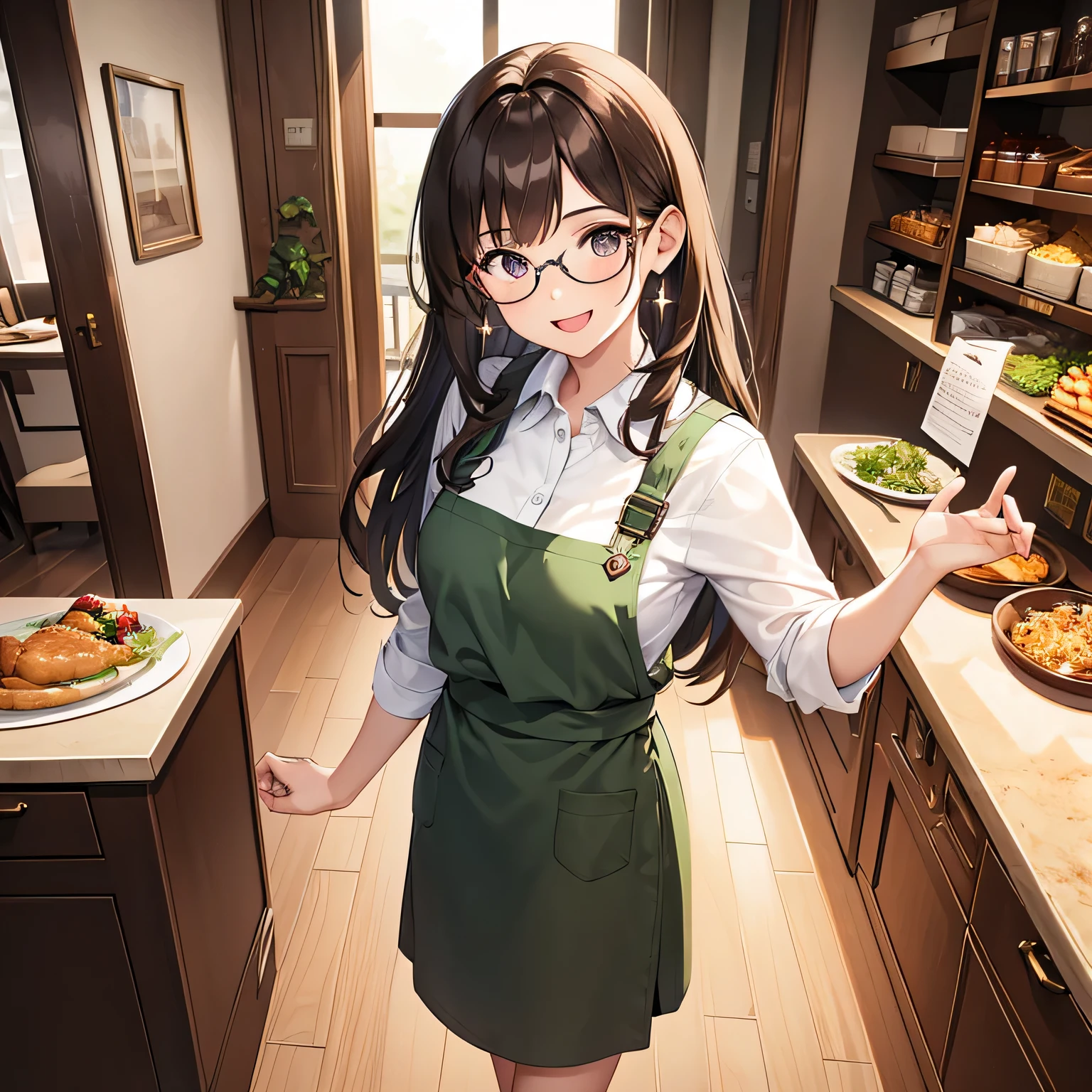 Best Picture, Best Quality, 1080p, 8K, Masterpiece, First Class, (Perfect) Face, Attention to Detail, One Person, (Full Length), Front View, One Woman, Standing, Facing Viewer, Looking Up, Right Arm Out to Side, Palm facing Up, White Shirt, (Moss Green Apron), Red Tie, Khaki skirt, leather shoes, long dark brown hair (sparkling eyes), beautiful eyes, glasses, indoor restaurant, indoors, holding food in both hands, big smile, open mouth smile