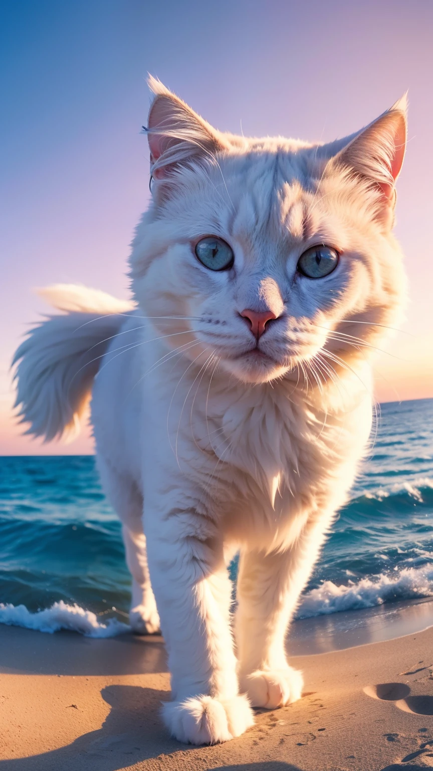 A big fluffy white cat sky diving at the beach, sunset, fisheye lens, establishing shot, pastel color grading, depth of field cinematography effect, film noir genre, 8k resolution, high quality, ultra detail