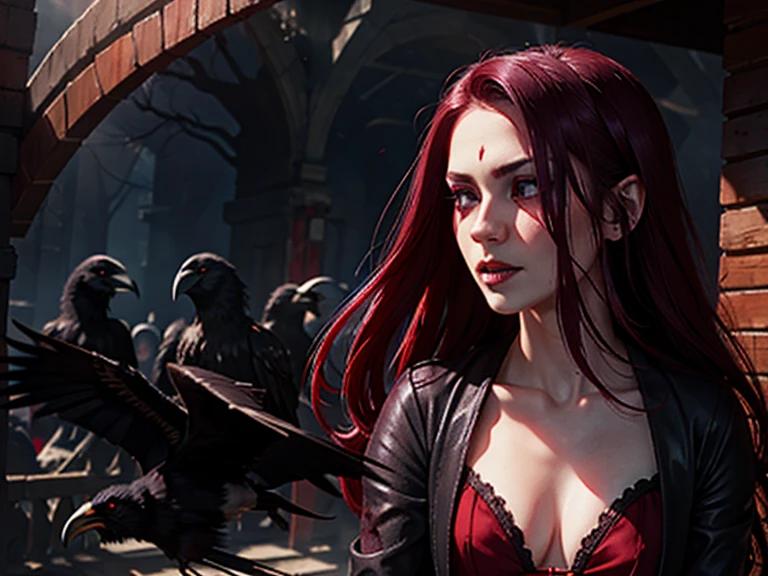 A pale vampiric bloodied lady Dimitrescu surrounded by bloody ravens, long straight waves with crimson streaks, a naturalistic and photographic, hyperrealistic and detailed, realistically textured composition, casually mannered, seductive expression, inspired by Seira Sodeshiro.
