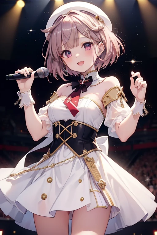 Nene Kasaki々、  shiny maroon hair  ,  short hair, ( Brown Pretty Eyes 、 Sparkling Eyes, fine grain)、smile、  ultra-detailed eyes  、  highly detailed face-holding 1 ,  very detailed eyes,Only one woman,(  greatest masterpiece highest quality  :1.2) 、 Cowboy Shooting、 nsfw, Idol girls singing on stage . Idol's white costume  .  microphone .  short hair、  full audience