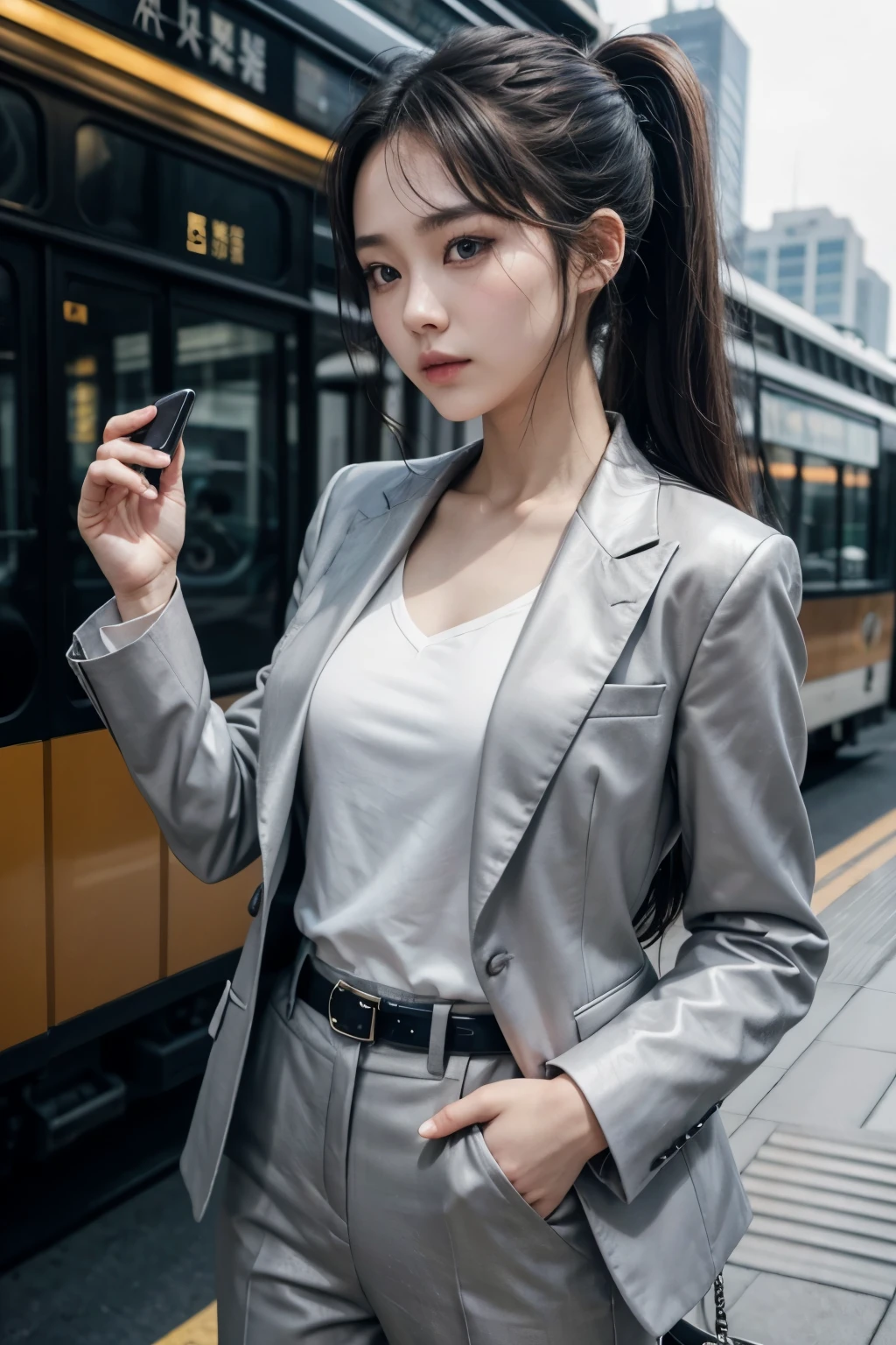 A thin, slim, fit South Korean girl, aged 25, beautiful detailed eyes, beautiful detailed lips, extremely detailed eyes and face, long dark hair, small breasts, make up, ponytail, suit, grey blazer, grey suit, white shirt, dress shirt, grey pants, suit pants, leather belt, black belt, black leather, tram station, station, downtown, not looking at viewer, looking away