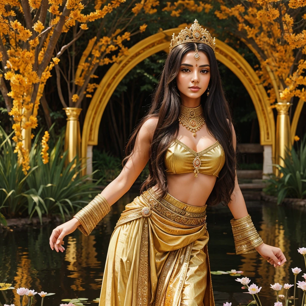 side nude topless portrait of A confident-looking indian woman princess with long flowing hair, hazel eyes, wearing designer jewellery, designer royal crown, visible c-cup breast sitting on royal garden, palace background, bokeh perfect composition, hyperrealistic, super detailed, 8k, high quality, trending art, trending on artstation, sharp focus, nude photo shoot, intricate details, highly detailed, art by greg rutkowski