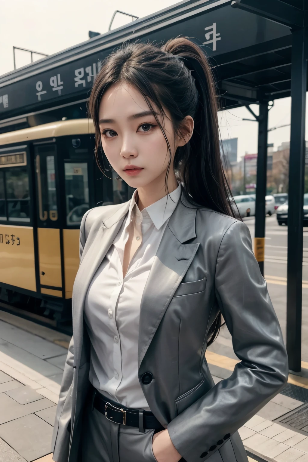 A thin, slim, fit South Korean girl, aged 25, beautiful detailed eyes, beautiful detailed lips, extremely detailed eyes and face, long dark hair, small breasts, make up, ponytail, suit, grey blazer, grey suit, white shirt, dress shirt, grey pants, suit pants, leather belt, black belt, black leather, tram station, station, downtown, 