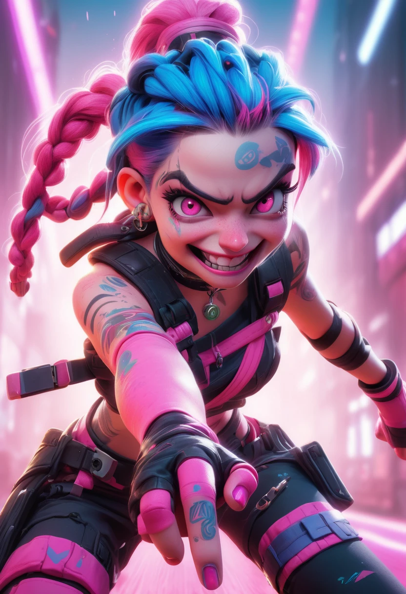 This is a highly detailed digital illustration of the female character, Jinx. She has bright blue hair styled in long, braided pigtails that extend past her shoulders. Her skin is fair, and she has a playful, mischievous expression with large, vibrant pink eyes and a wide, exaggerated smile. She has a few freckles on her face, and her lips are painted in a bright pink color. Her outfit is futuristic and edgy, consisting of a black, sleeveless crop top with a pink band across her chest, and black fingerless gloves. She also wears a utility belt with various pouches and a large, metallic buckle. The character's left hand is raised to her face, with her fingers forming a V gesture either side of her wide smile, while her right arm is bent at the elbow, suggesting she is ready to strike. The background is a dynamic, blurred scene with dark, smoky tones, suggesting a fight or a dramatic setting. Small particles of light and debris float around, enhancing the sense of movement and action. The overall style is highly polished and realistic, with a focus on dynamic lighting and texture details, typical of high-end digital art.