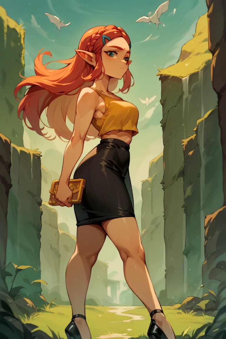 zelda, Long red hair with yellow tank top, black skirt and heels 