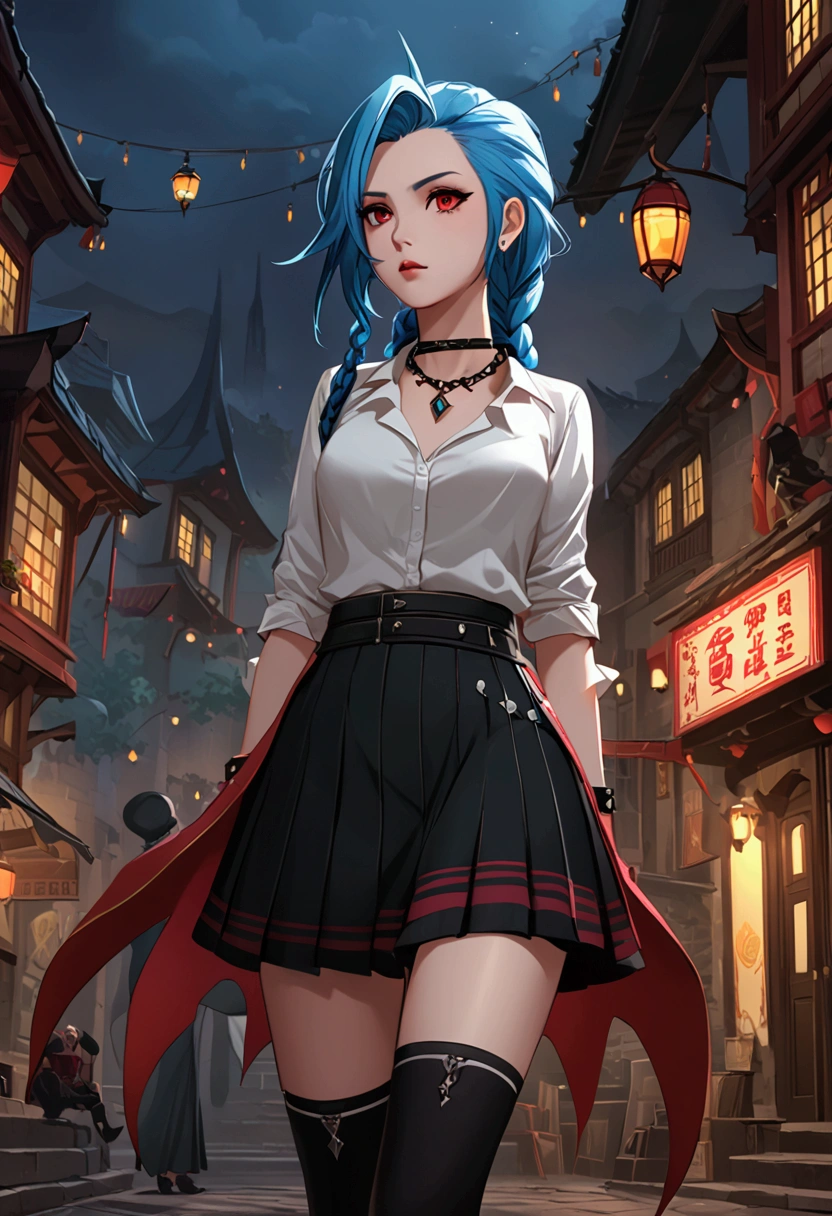 League of Legends,Jinx，An anime girl with blue hair，Punk style eye makeup ，Long braids， in a white shirt ，Dragon Horn，Street Scene， Cinematic Lighting ，（ best quality ，4K，8k， High Res，masterpiece：1.2），Red pupil, The cuffs and skirt are dark red ,  wear a red hairpin on the side of the ear, Black crystal necklace,  black knee socks ， Elegant Posture ，Dynamic composition， vivid colors ，fantasy，Concept art style