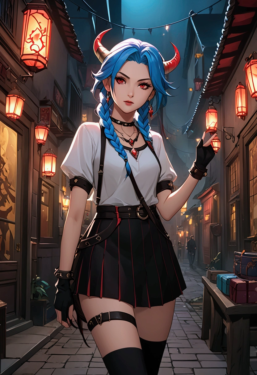 League of Legends,Jinx，An anime girl with blue hair，Punk style eye makeup ，Long braids， in a white shirt ，Dragon Horn，Street Scene， Cinematic Lighting ，（ best quality ，4K，8k， High Res，masterpiece：1.2），Red pupil, The cuffs and skirt are dark red ,  wear a red hairpin on the side of the ear, Black crystal necklace,  black knee socks ， Elegant Posture ，Dynamic composition， vivid colors ，fantasy，Concept art style