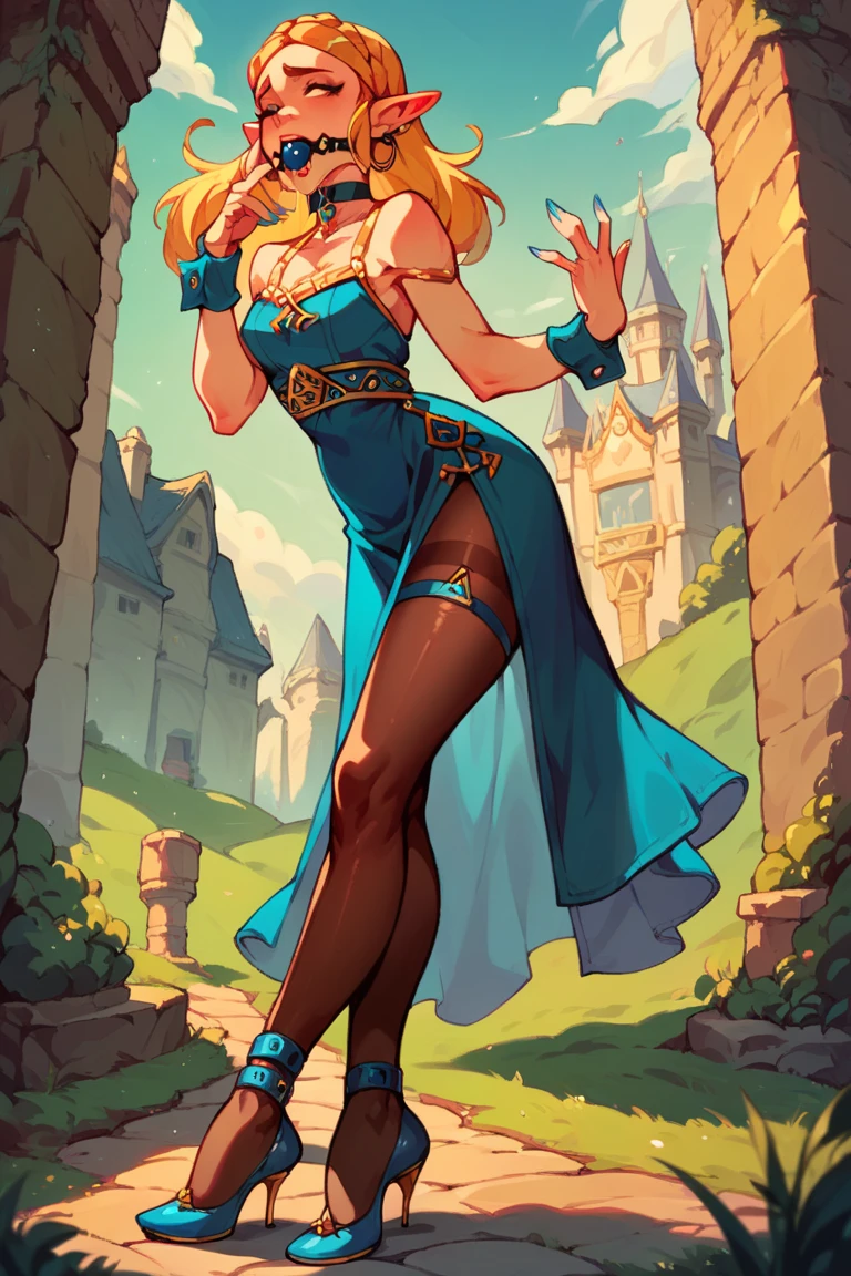 zelda,6 inch heels, blue heels, opaque black pantyhose, ankle straps, wrist cuffs, hoop earings, nail polish, dress, outside hyrule castle, choker, really horny, dripping, drool, solo, ballgag