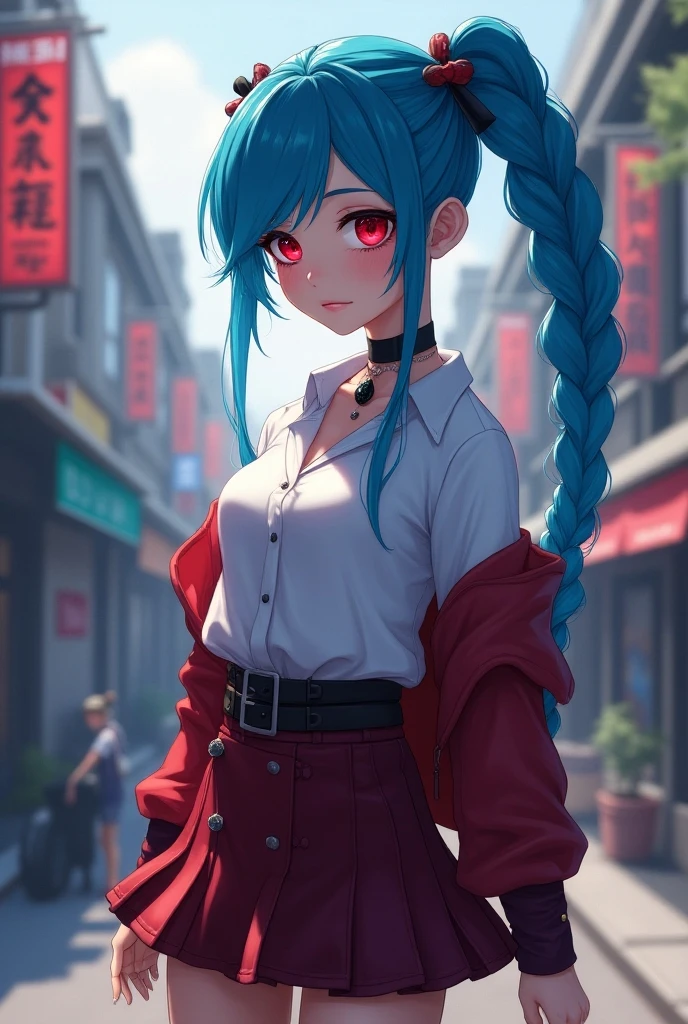 League of Legends,Jinx,An anime girl with blue hair,Punk style eye makeup ,Long braids, in a white shirt ,Street Scene, Cinematic Lighting ,( best quality ,4K,8k, High Res,masterpiece:1.2),Red pupil, The cuffs and skirt are dark red , wear a red hairpin on the side of the ear, Black crystal necklace, black knee socks , Elegant Posture ,Dynamic composition, vivid colors ,fantasy,Concept art style