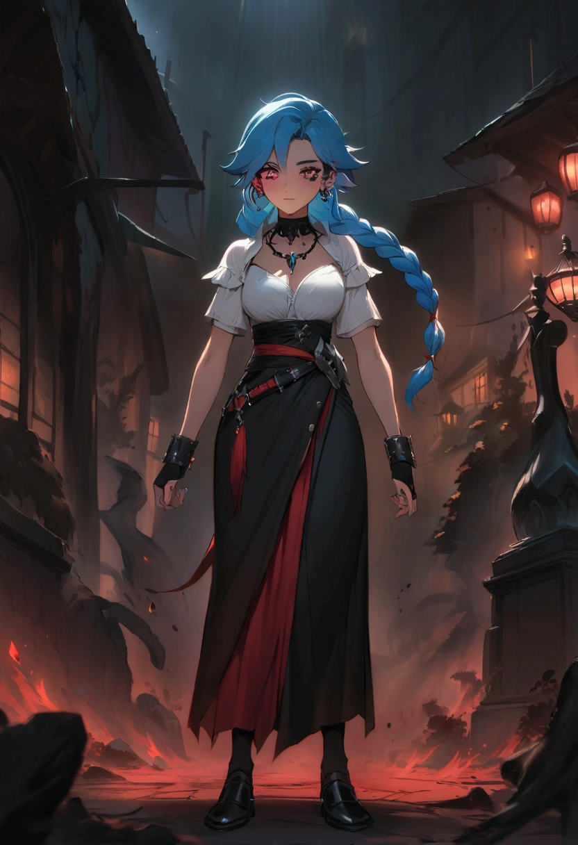 League of Legends,Jinx，An anime girl with blue hair，Punk style eye makeup ，Long braids， in a white shirt ，Street Scene， Cinematic Lighting ，（ best quality ，4K，8k， High Res，masterpiece：1.2），Red pupil, The cuffs and skirt are dark red , Put a red hairpin on the side of the ear, Black crystal necklace,  black knee socks ， Elegant Posture ，Dynamic composition， vivid colors ，fantasy，Concept art style