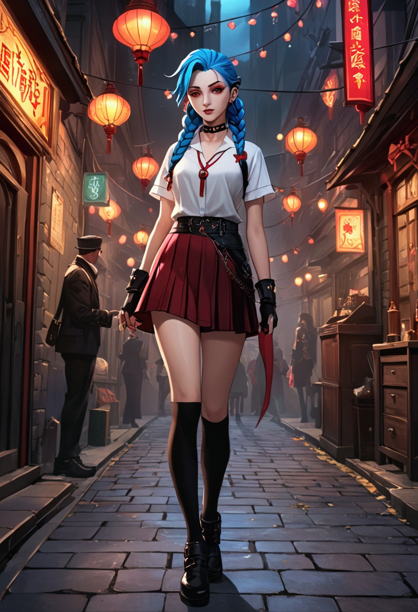 League of Legends,Jinx，An anime girl with blue hair，Punk style eye makeup ，Long braids， in a white shirt ，Street Scene， Cinematic Lighting ，（ best quality ，4K，8k， High Res，masterpiece：1.2），Red pupil, The cuffs and skirt are dark red ,  wear a red hairpin on the side of the ear, Black crystal necklace,  black knee socks ， Elegant Posture ，Dynamic composition， vivid colors ，fantasy，Concept art style