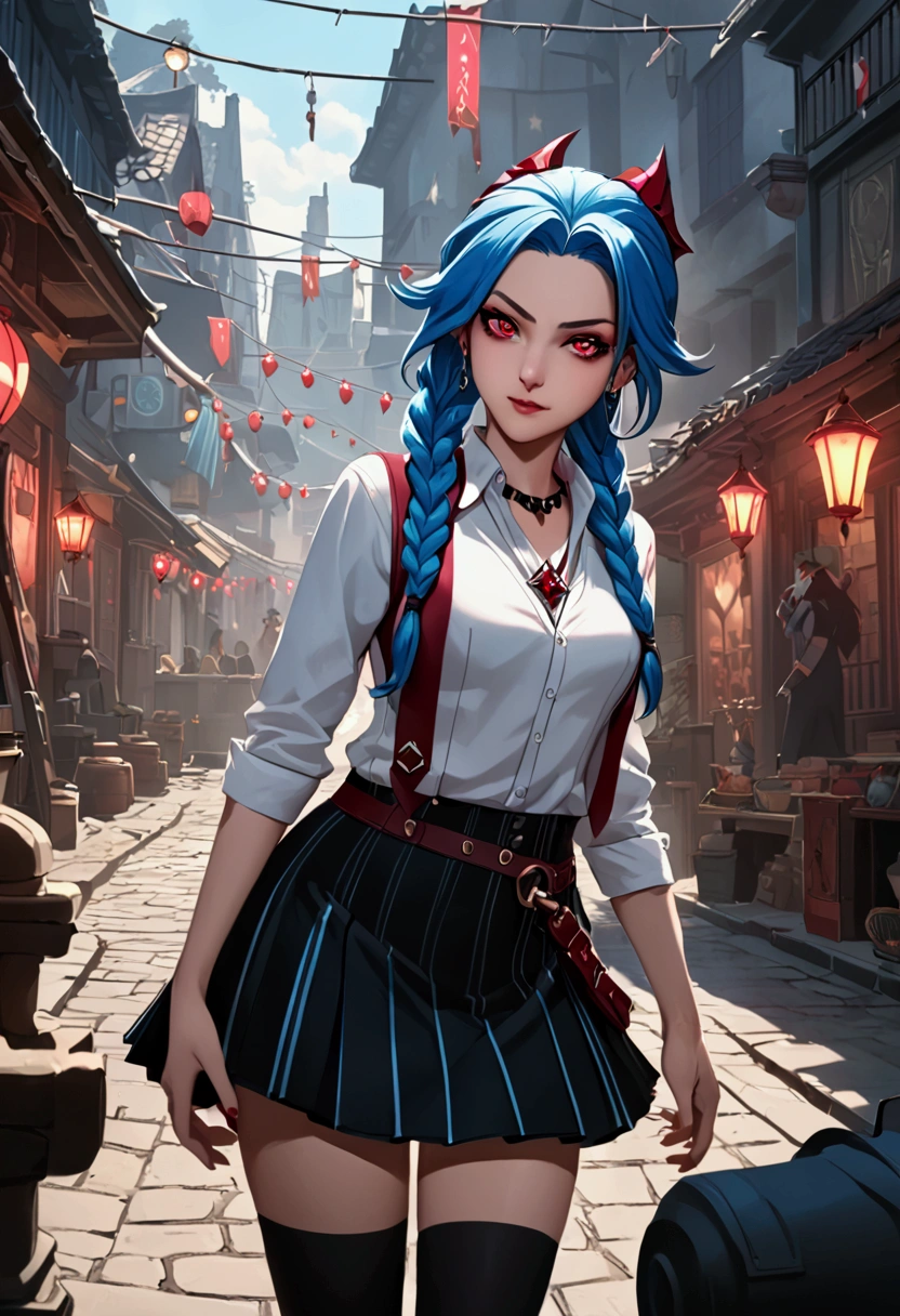 League of Legends,Jinx，An anime girl with blue hair，Punk style eye makeup ，Long braids， in a white shirt ，Street Scene， Cinematic Lighting ，（ best quality ，4K，8k， High Res，masterpiece：1.2），Red pupil, The cuffs and skirt are dark red ,  wear a red hairpin on the side of the ear, Black crystal necklace,  black knee socks ， Elegant Posture ，Dynamic composition， vivid colors ，fantasy，Concept art style