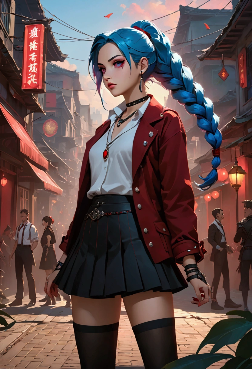 League of Legends,Jinx，An anime girl with blue hair，Punk style eye makeup ，Long braids， in a white shirt ，Street Scene， Cinematic Lighting ，（ best quality ，4K，8k， High Res，masterpiece：1.2），Red pupil, The cuffs and skirt are dark red , Put a red hairpin on the side of the ear, Black crystal necklace,  black knee socks ， Elegant Posture ，Dynamic composition， vivid colors ，fantasy，Concept art style