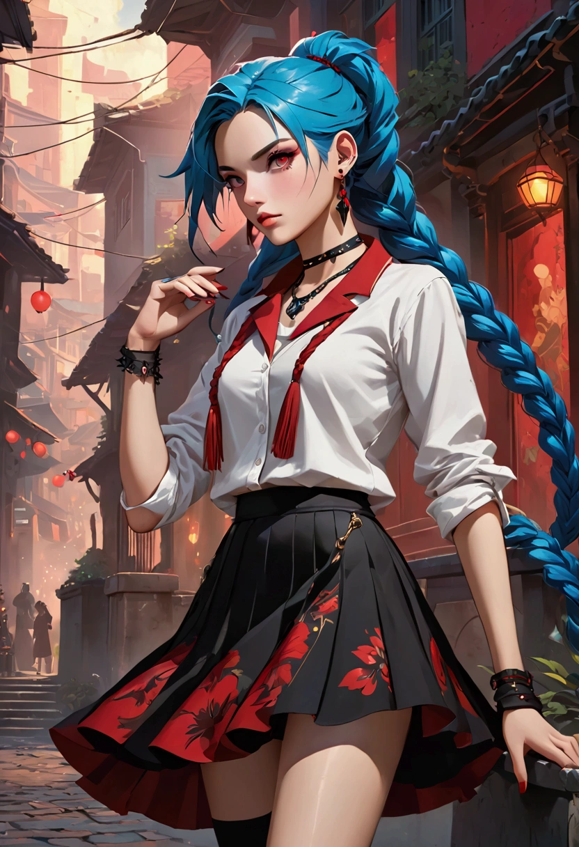 League of Legends,Jinx，An anime girl with blue hair，Punk style eye makeup ，Long braids， in a white shirt ，Street Scene， Cinematic Lighting ，（ best quality ，4K，8k， High Res，masterpiece：1.2），Red pupil, The cuffs and skirt are dark red , Put a red hairpin on the side of the ear, Black crystal necklace,  black knee socks ， Elegant Posture ，Dynamic composition， vivid colors ，fantasy，Concept art style