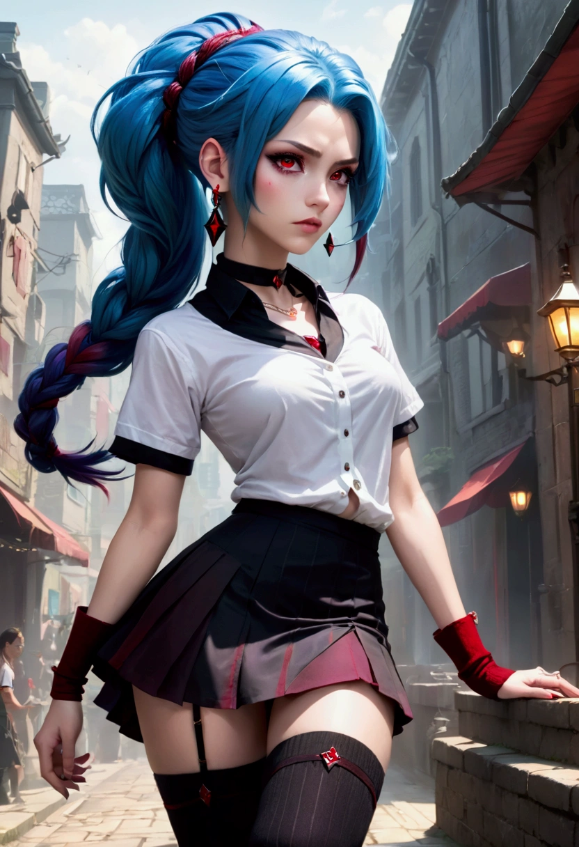 League of Legends,Jinx，An anime girl with blue hair，Punk style eye makeup ，Long braids， in a white shirt ，Street Scene， Cinematic Lighting ，（ best quality ，4K，8k， High Res，masterpiece：1.2），Red pupil, The cuffs and skirt are dark red , Put a red hairpin on the side of the ear, Black crystal necklace,  black knee socks ， Elegant Posture ，Dynamic composition， vivid colors ，fantasy，Concept art style