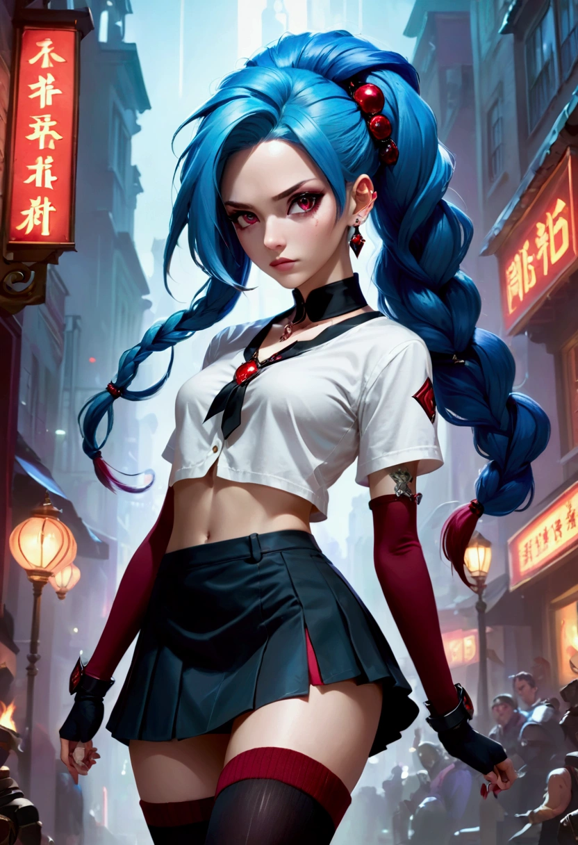 League of Legends,Jinx，An anime girl with blue hair，Punk style eye makeup ，Long braids， in a white shirt ，Street Scene， Cinematic Lighting ，（ best quality ，4K，8k， High Res，masterpiece：1.2），Red pupil, The cuffs and skirt are dark red , Put a red hairpin on the side of the ear, Black crystal necklace,  black knee socks ， Elegant Posture ，Dynamic composition， vivid colors ，fantasy，Concept art style