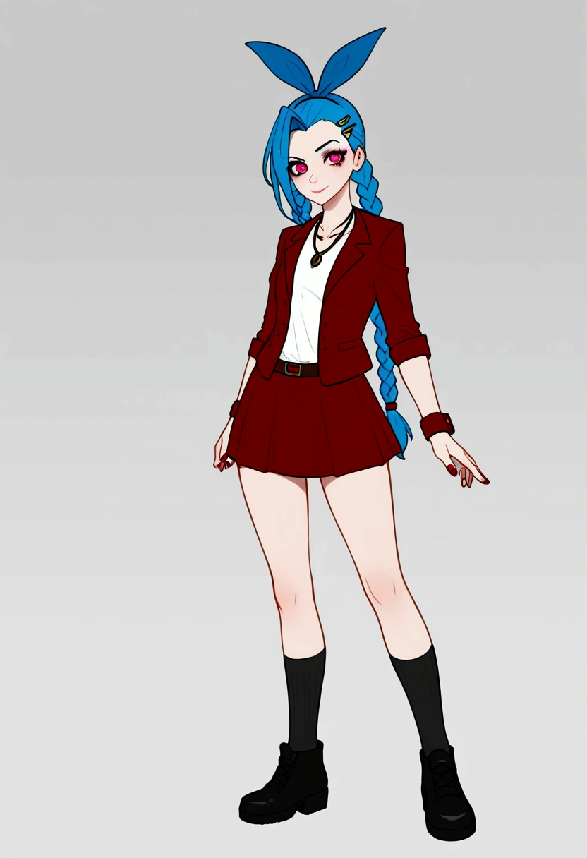 League of Legends,Jinx，An anime girl with blue hair，Punk style eye makeup ，Long braids， in a white shirt ，Street Scene， Cinematic Lighting ，（ best quality ，4K，8k， High Res，masterpiece：1.2），Red pupil, The cuffs and skirt are dark red , Put a red hairpin on the side of the ear, Black crystal necklace,  black knee socks ， Elegant Posture ，Dynamic composition， vivid colors ，fantasy，Concept art style