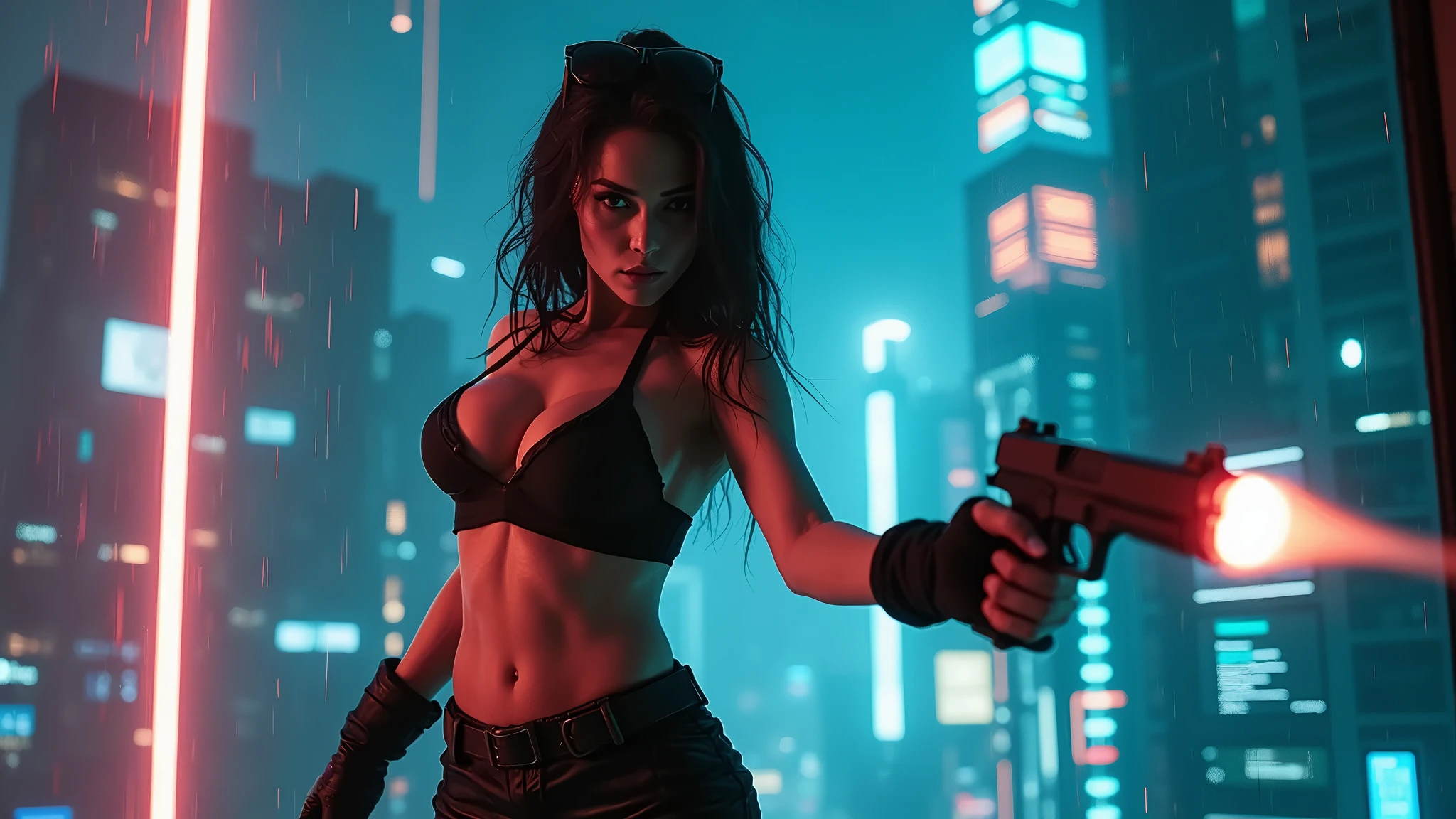 At night, dark sky, gorgeous Woman, (walks In a frozen cyberpunk city in ruins), (stray dog, 1drone). Heavy tropical rain, Head slightly tilted back, leather bikini, Distorted Space, Light Shafts, Volumetric Lighting, 4k Rendering, Stock Photo, Realistic Textures, Dramatic Lighting, Unreal Engine. Electric lighting. Windy messy hair. (((1girl, solo, alone))), medium-breast:1.1 slim body, cleavage, (((headphone, black sunglasses))), (((hip-up standing and holding (pistol)))), (((half-body thigh level medium shot))), cinematic lighting, lens flare, ray tracing.

