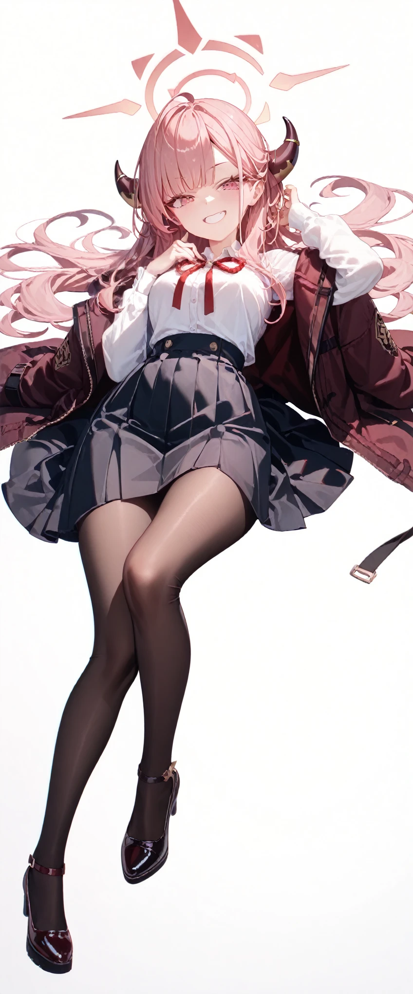 (masterpiece), (best quality), (score_9,score_8_up,score_7_up,score_6_up,score_5_up), very detailed eyes, expressive eyes, perfect face, very detailed face, highly detailed face, beautiful girl, 8K, beautiful girl, (white background:1.3), delicate and beautiful face and eyes, dark intense shadow, highres, official art, (full body), anime style, 1 girl, solo, vtuber style, cool girl, Aru Rikuhachima\(blue archive\), pink eyes, eyelashes, long hair, pink hair, horns, ahoge, halo, evil grin, boss mafia suit, black pantyhose, shoes, lying, Skirt lift, panty peep