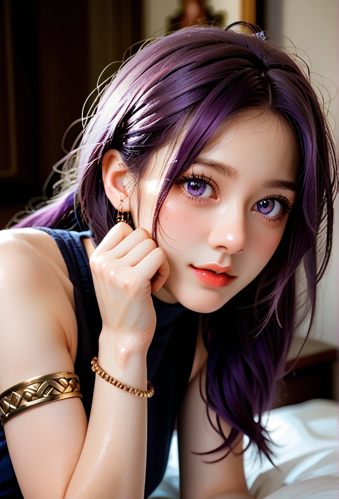 (high resolution),4D,Octane Rendering,(beautiful detailed eyes), (white skin:1.8,fair skin,smooth skin), (1 girl:1.52), (purple hair:1.35), (heterochromic eyes),(purple eyes:1.37), (sparkling eyes), perfect body,anklets,armlets,kneeling,bent over,close of butt,from left side,