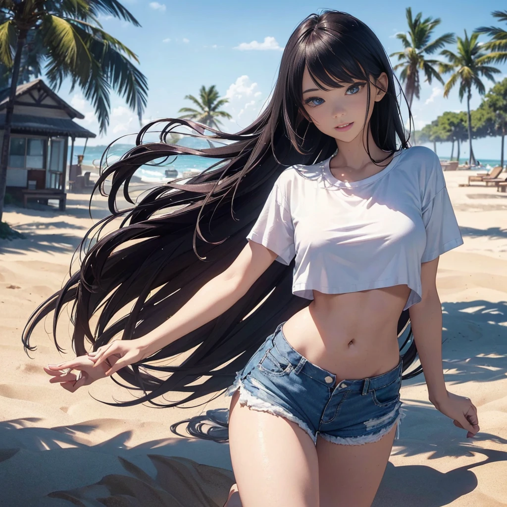 8K、master piece、highest quality、highest level、Highest image quality、muste piece、intricate details、high resolution、depth field、Natural light、professional lighting、(1 person)、solo、Anglo-Saxon girlish girl、(cute:1.2)、very beautiful cartoon girl、(high detail skin: 1.2)、Photorealistic anime girl rendering、Realistic anime 3D style、golden hair with details、crossed bangs、asymmetrical bangs、stick out ears、eyelashes、intense blue eyes、strong eye highlights、perfect anatomy、hands behind the back、very mysterious smile、Attractive、body wet with water、(( girl))、white dress、wearing detailed pink underwear、cute bra、cute panties、sandbeach、beach side、Beach where you can see the sunset at 6pm、red sunset clouds、