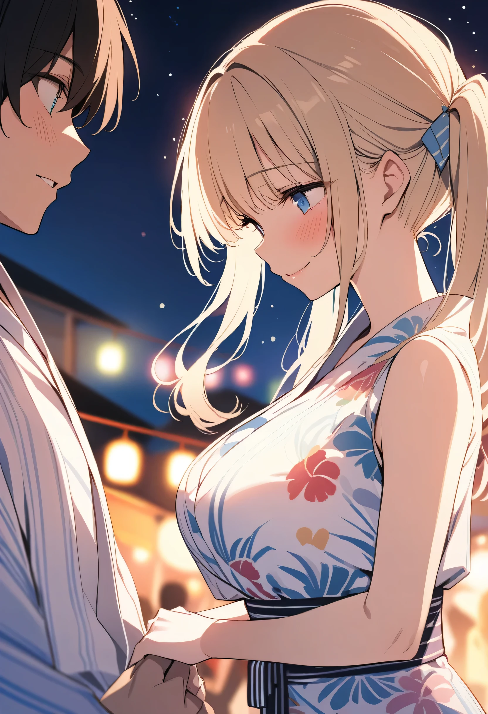 masterpiece,   Details, 8k, Best Quality, Novel illustrations,  1 girl, yukata, チェックのyukata , slender, blonde,  twin tails,  short bangs ,   Details face,   blue eyes ,  Big Breasts、Embarrassed eyes 、 A lovely blushing smile ,  hold hands with her,  sleeveless,  A bustling summer festival at night, Dazzling fireworks 、Accurate hands、the girlfriend 、profile、 beside you、Next to me、