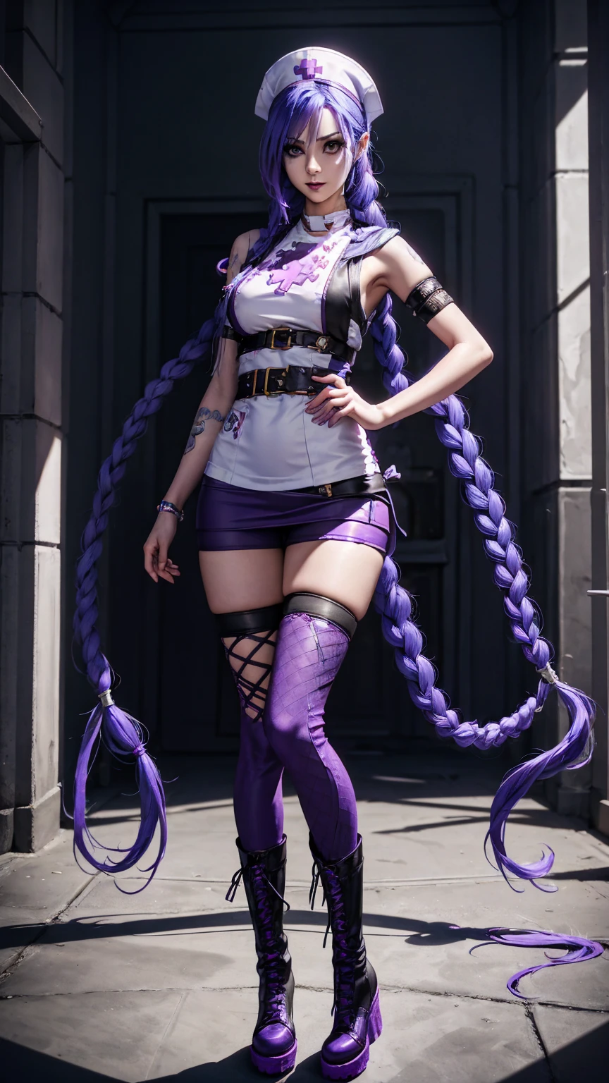  Jinx Nurse ，Nurse hat，(White nurse costume)，Rose tattoo，Blue Twisted ， Runaway Lori ，League of Legends ，whole body，( Knee-high boots )), Purple Coloshnet Leggings ),( standing underfoot )， Background Dark and Tough ， There's a sense of danger and tension。