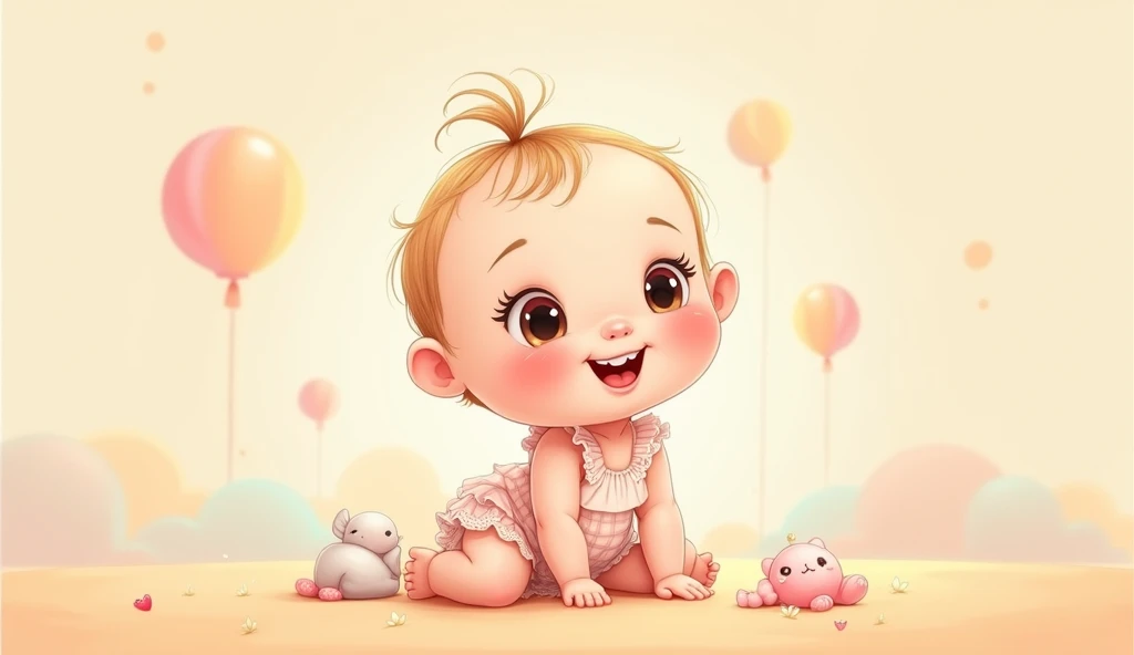 Drawing of a baby girl with a bottle in her hand wearing a pink and white dress and a pink bow on her head