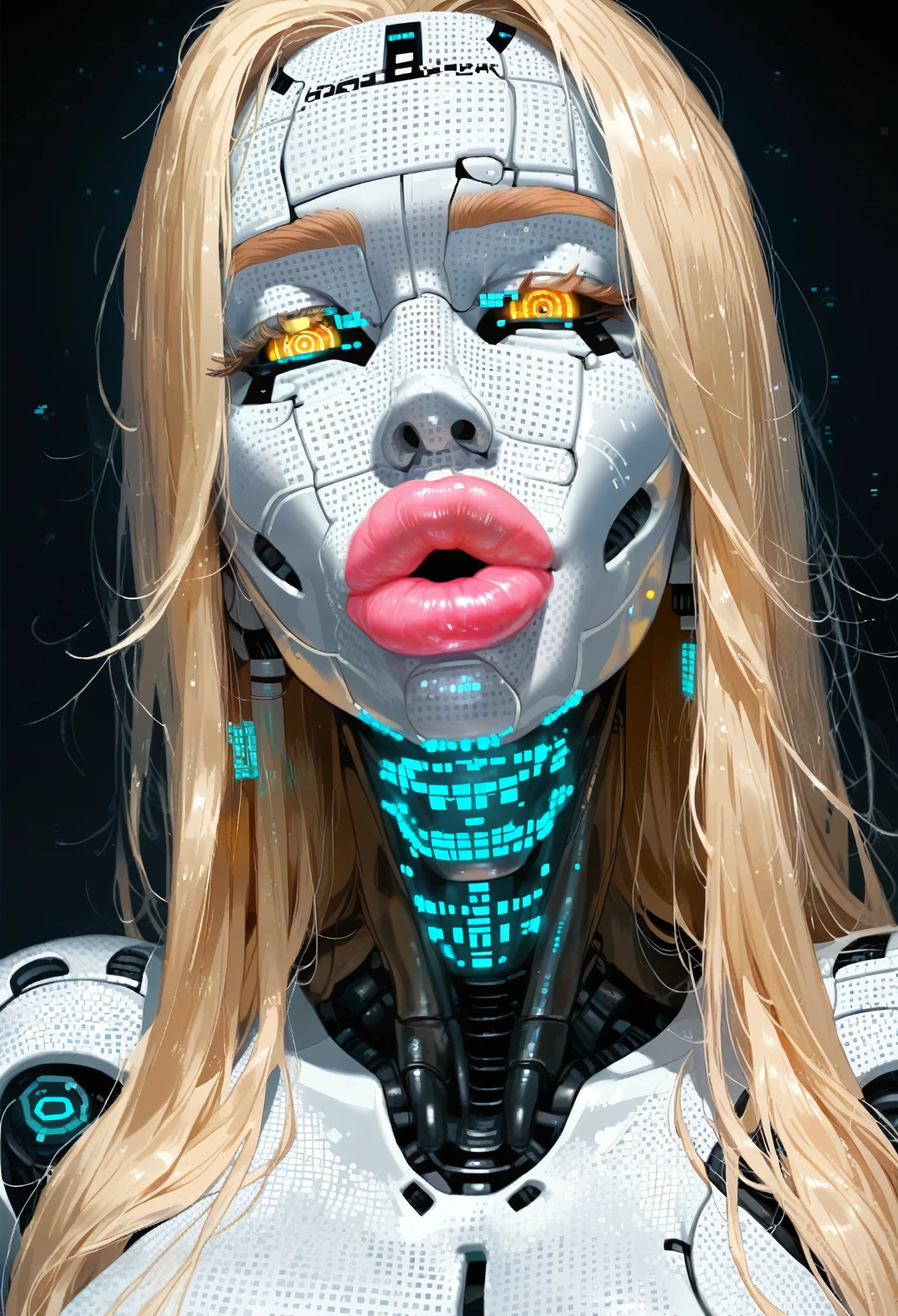 score_9, score_8_up, score_7_up,
 Android girl, pixel face, screen face, robot body, metal skin, huge boobs, bimbo lips,