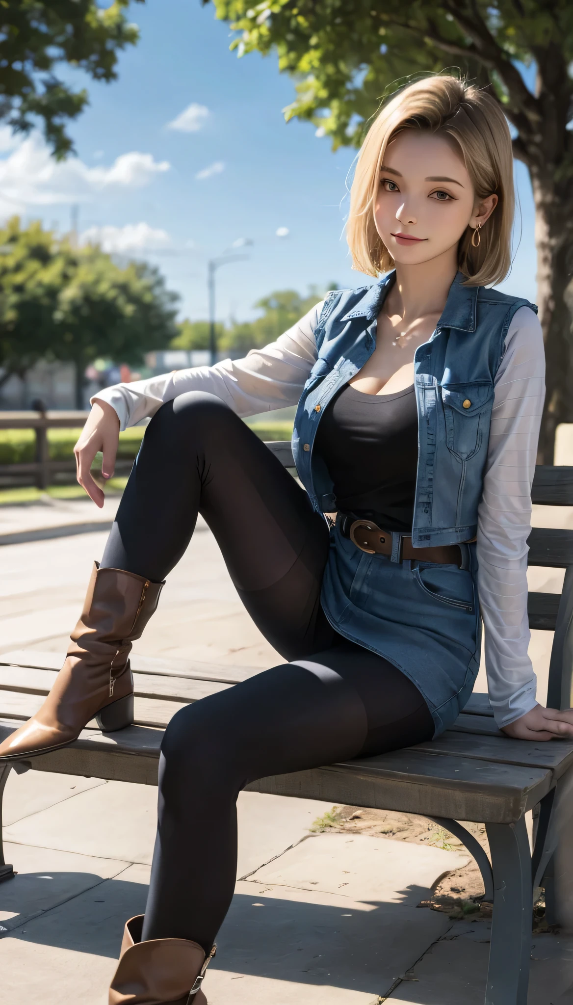 Android 18, Light Blonde hair, Medium Bob hair, Blue eyes, Wearing earrings, Long sleeves, Light blue denim mini skirt, Light blue mini denim vest, Black T-shirt with high cleavage, Big breasts, Belt, Dark brown see-through pantyhose, Western short boots, Looking at viewer, Slight smiling with closed lips sitting, On bench, She raised her right leg and gently placed the heel of her right boot on another very low bench in front of her, Blue sky, sit on a bench, outside, park, grass, Summer, trees, blue sky, high quality, masterpiece,