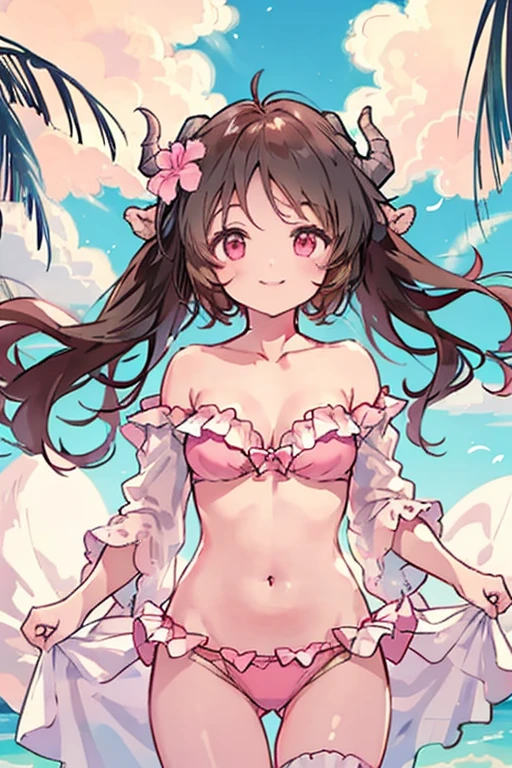 Arknights, eyjaffjala from arknights, medium breast, EyjafjallaSummer, curled horns, hair flower, pink bikini, off-shoulder bikini, bridal garter, swimsuit cover-up, smile, happy, 