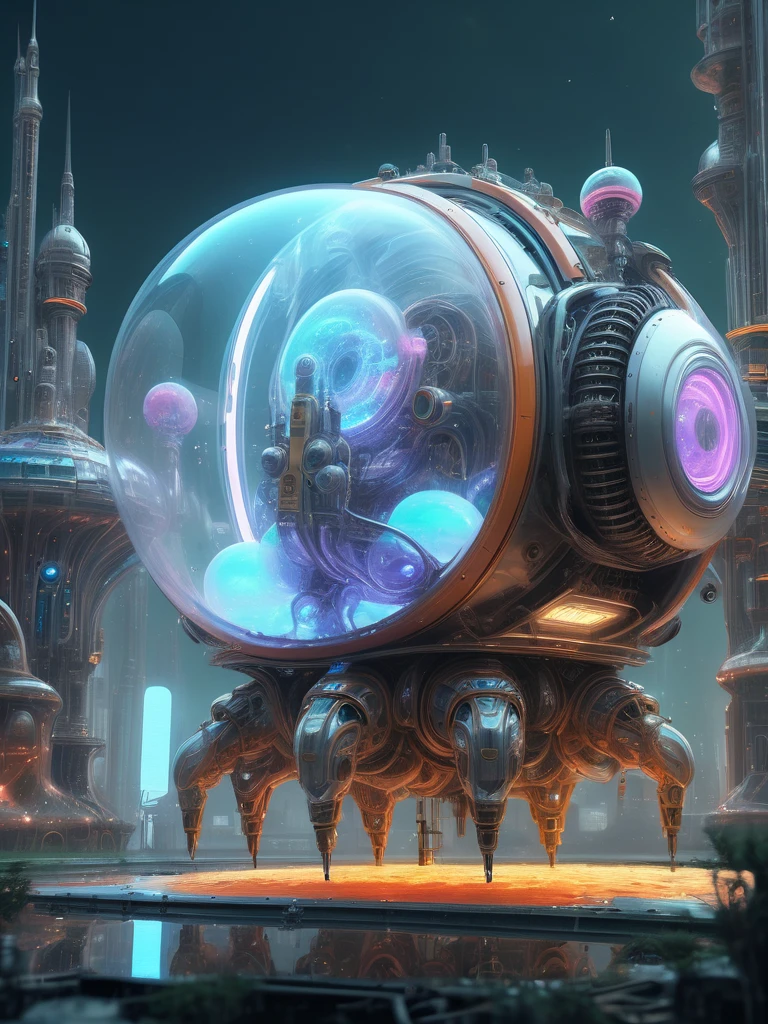 A surreal, futuristic scene of a Mear Hofontron, a fantastical mechanical creature, floating in a bubble-filled environment, (best quality,4k,8k,highres,masterpiece:1.2),ultra-detailed,(realistic,photorealistic,photo-realistic:1.37),intricate machinery,glowing lights,colorful bubbles,dynamic composition,cinematic lighting,vibrant colors,digital art,concept art,mecha,sci-fi,futuristic,surreal