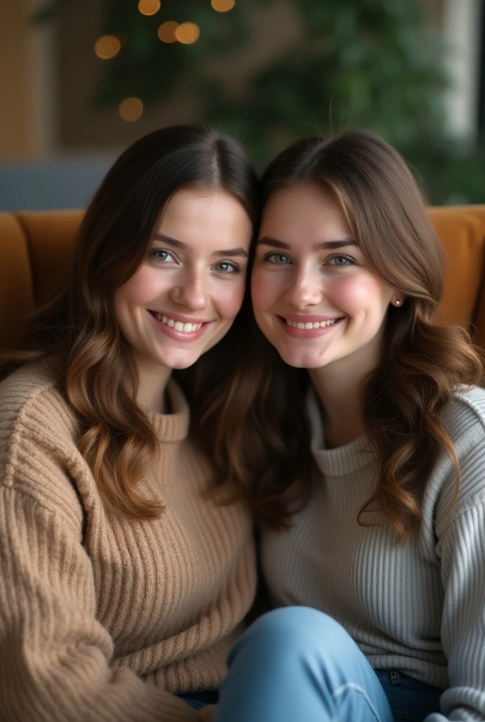 (((close up face high definition))), two very calm beautiful teen aged pale girls, wearing brown-white striped sweater, sitting in house balcony environment, beautiful, winter 