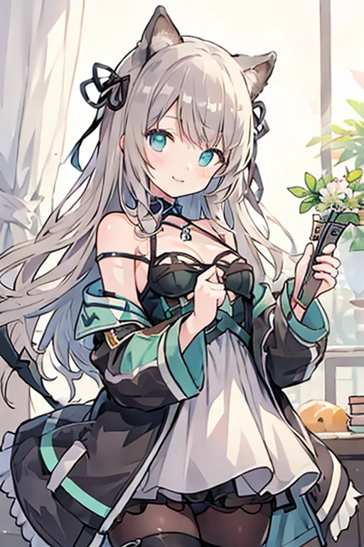 (masterpiece),solo,1girl,alternate costume,looking at viewer,highres,Fantasy,brush,curvy,green_eyes,curly_hair,long_hair,gray_hair,hime_cut,single_braid,large_breasts