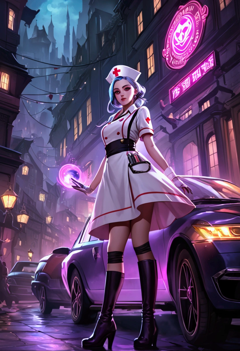 Jinx ，Punk style eye makeup ，Nurse hat，(White nurse costume)，Rose tattoo，Blue Twisted ，League of Legends ，whole body，( Knee-high boots ),Purple over-the-knee socks ,Street Scene， Cinematic Lighting ，（ best quality ，4K，8k， High Res，masterpiece：1.2）， Elegant Posture ，Dynamic composition， vivid colors ，fantasy，Concept art style, have a sense of danger and tension。