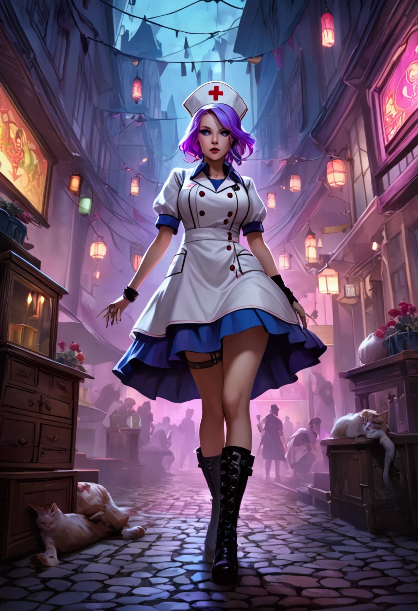 Jinx ，Punk style eye makeup ，Nurse hat，(White nurse costume)，Rose tattoo，Blue Twisted ，League of Legends ，whole body，( Knee-high boots ),Purple over-the-knee socks ,Street Scene， Cinematic Lighting ，（ best quality ，4K，8k， High Res，masterpiece：1.2）， Elegant Posture ，Dynamic composition， vivid colors ，fantasy，Concept art style, have a sense of danger and tension。