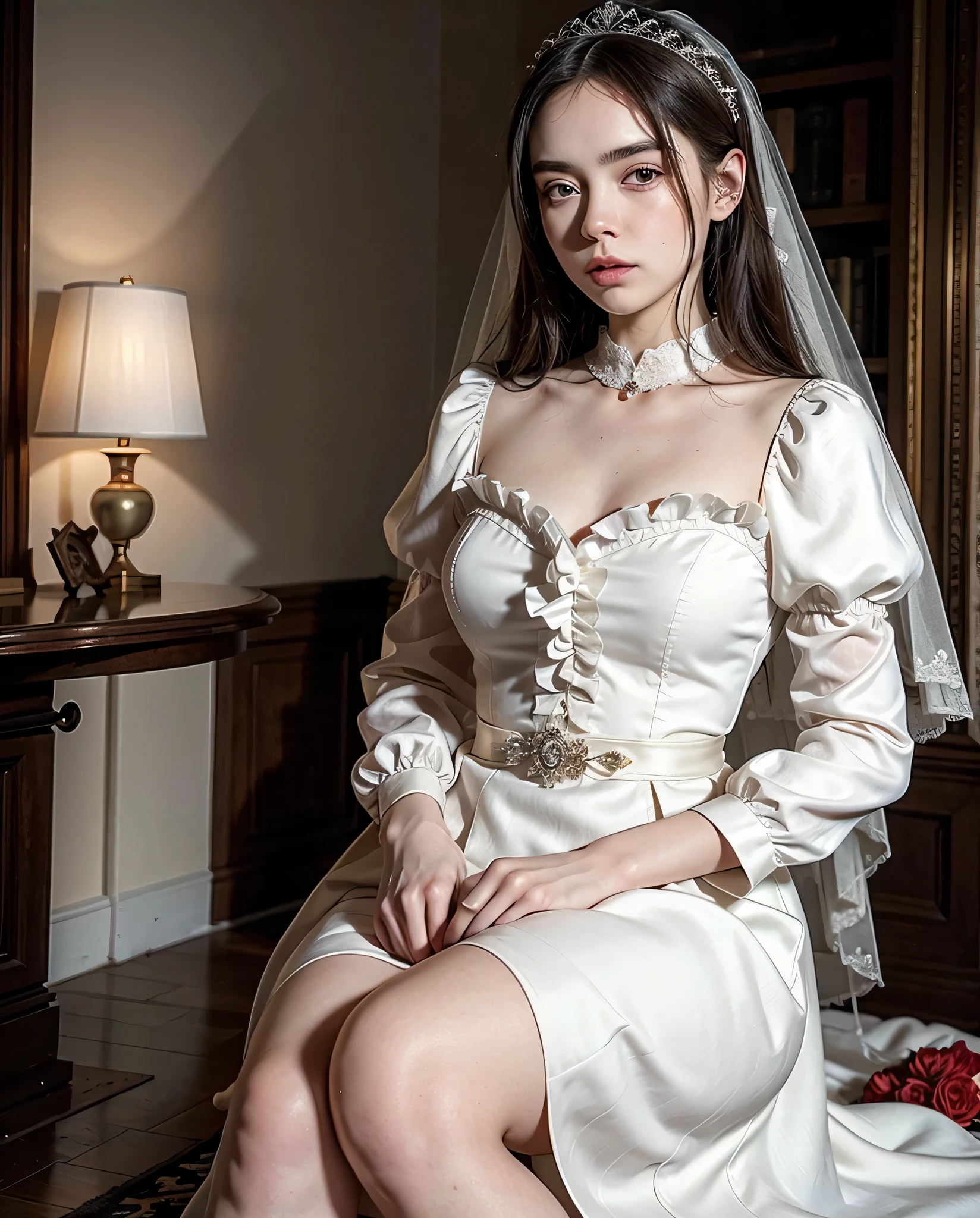 absurdres, RAW photo, extremely delicate and beautiful, masterpiece, Best Quality, ultra high resolution, 32k, hyperrealistic, ultra-detailed, perfect anatomy, super Detailed skin, perfect figure, Super Beauty, Perfect Style, Perfect balance, Beautiful Lighting, Perfect Lightning, Realistic Shadows, 20 years old, very Slim body, narrow waist, very small head, very small face, delicate facial features, handsome detailed woman, very detailed eyes and face, realistic face proportions, Realistic beautiful face, Realistic beautiful eyes, tearful mole, earring, very huge round breasts, legs, medium hair, asymmetrical hair, full body shot, indoor, dress, long sleeves, nun, off-shoulder, face veil,
