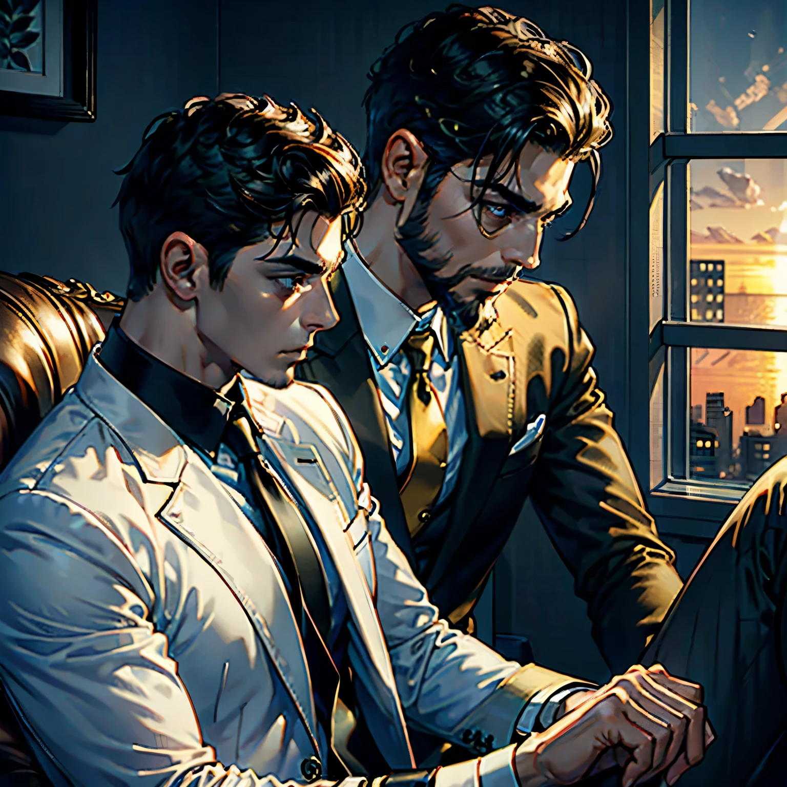 45-year-old middle-aged Chris Redfield from Resident Evil 8，Man，grampa，Height 195，chineseidol，sitting in the couch，God perspective，The eyes are about to face each other，musculature，Lift one foot，Wearing a black and white striped suit，black greatcoat，No shoes，Cord，Chains，Ferocious and ferocious，The background is outdoors，Hold your hands on your knees, black suit socks