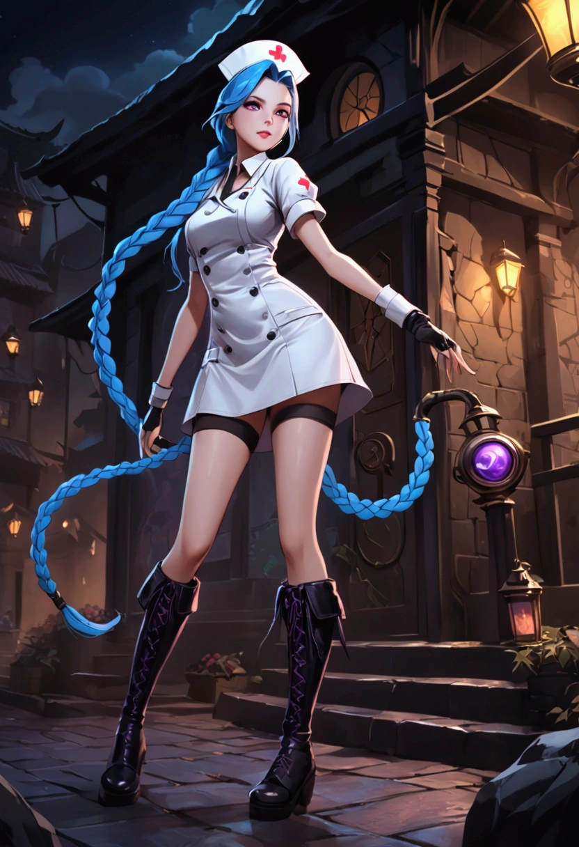 League of Legends ，Jinx ，Punk style eye makeup ，Nurse hat，(White nurse costume)，The blue double twist braid ，whole body，( Knee-high boots ),Purple over-the-knee socks ,Rose tattoo，Street Scene， Cinematic Lighting ，（ best quality ，4K，8k， High Res，masterpiece：1.2）， Elegant Posture ，Dynamic composition， vivid colors ，fantasy，Concept art style, has a sense of danger and tension。