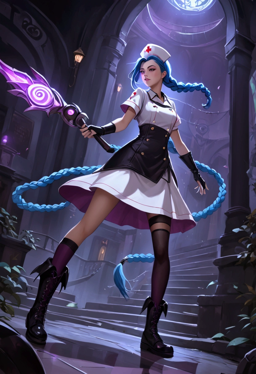 League of Legends ，Jinx ，Punk style eye makeup ，Nurse hat，(White nurse costume)，The blue double twist braid ，whole body，( Knee-high boots ),Purple over-the-knee socks ,Rose tattoo，Street Scene， Cinematic Lighting ，（ best quality ，4K，8k， High Res，masterpiece：1.2）， Elegant Posture ，Dynamic composition， vivid colors ，fantasy，Concept art style, has a sense of danger and tension。