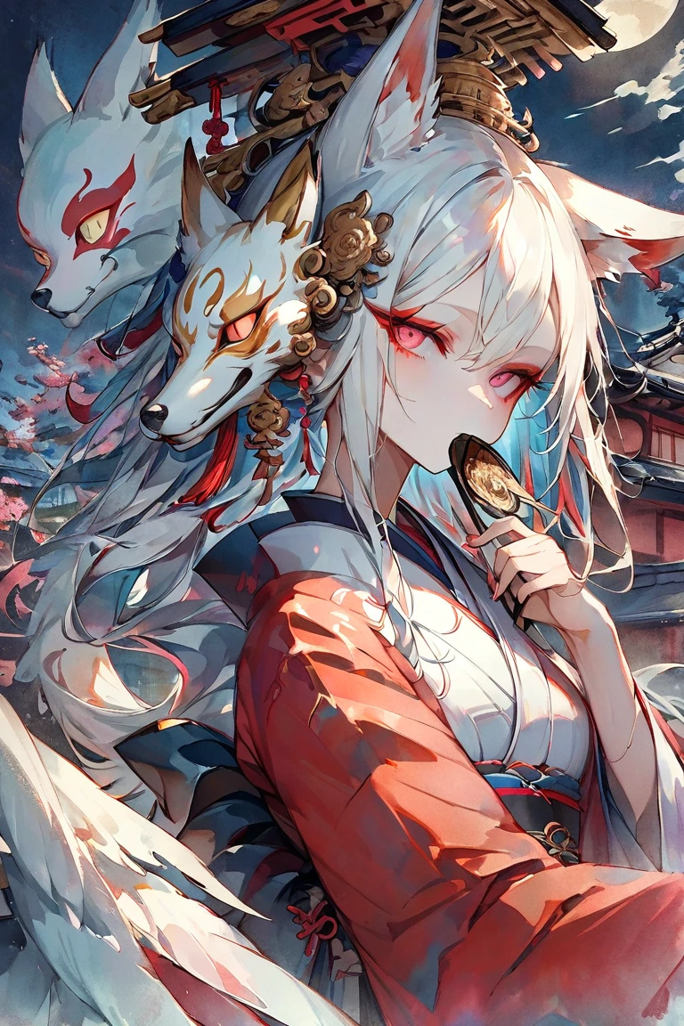 Masterpiece, highest resolution, highest quality, detailed depiction, beautiful, art, watercolor style, Japanese yokai, ((nine-tailed fox)), anthropomorphized fox, fair skin, slender eyes with distinct red eyeliner, silver hair, long hair, fox ears emerging from the head, beautiful white and red kimono, cool beauty, holding a large fan to cover the mouth, midnight, traditional Japanese house in the background, 4K graphics.