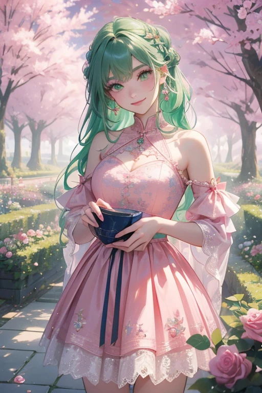 a girl with very long dark green hair down to her feet, wearing a wreath of pale pink flowers and daisies, wearing a semi-transparent closed dress of pale green color with sleeves on which small pale pink flowers and a sash of pink leaves, hugs a birch tree