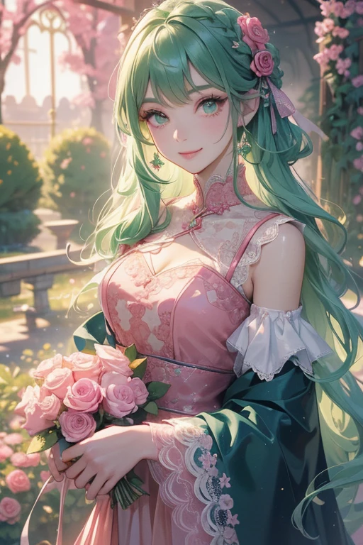 Masterpiece, Superb Style, Full Moon at Night, 1 Mature Girl, Chinese Style, Ancient, Cyan Clothes, Smile, Cut Twist Flowers, Twist Braid, Double Ball Head, Light Pink Lips, A Green Snake Head, Snake Head, Calm, Intellectual, Middle Hair, Green Pupils, Hairpins, Hydrangeas