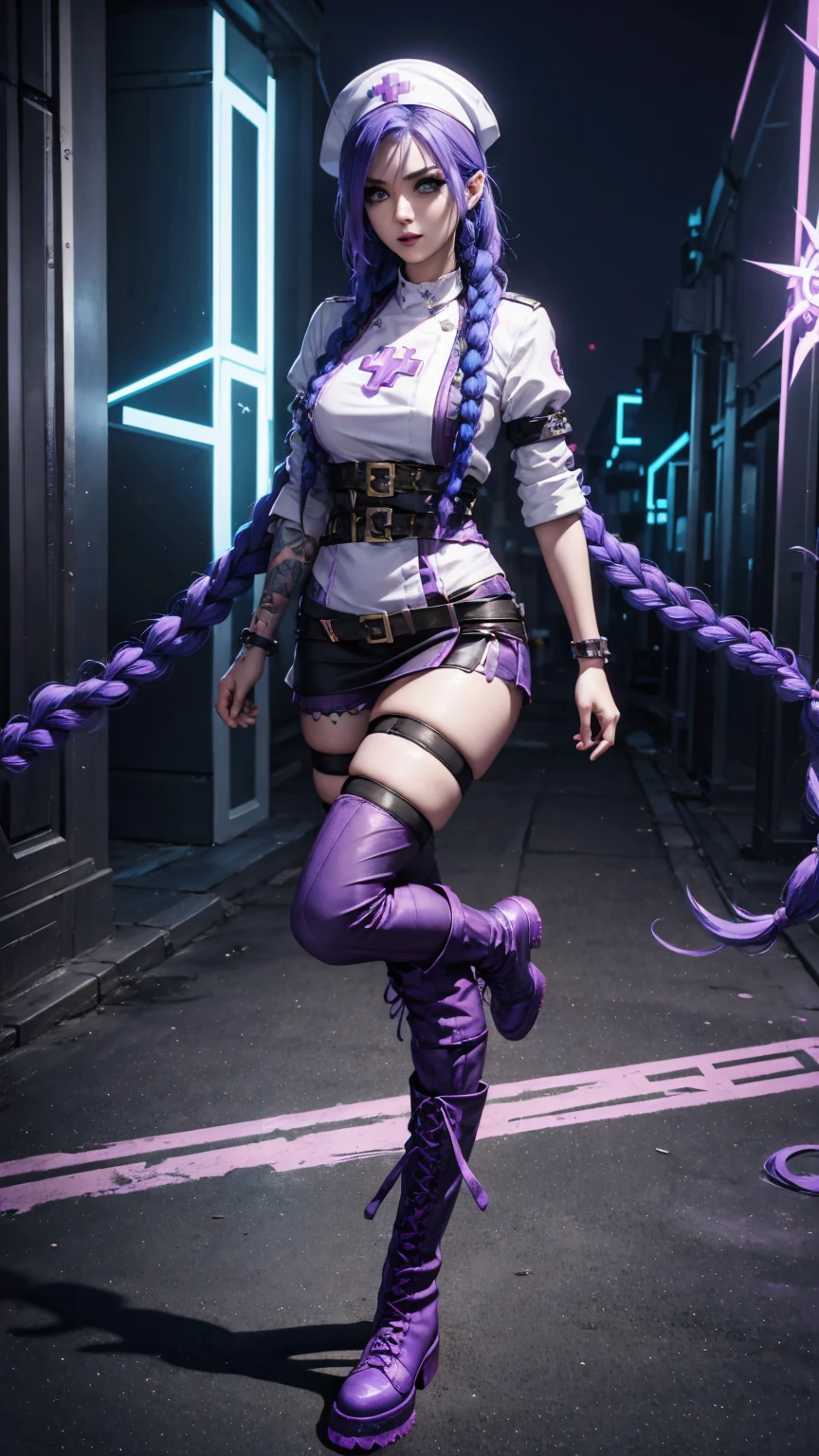 League of Legends ，Jinx ，Punk style eye makeup ，Nurse hat，(White nurse costume)，The blue double twist braid ，whole body，( Knee-high boots ),Purple over-the-knee socks ,Rose tattoo，Street Scene， Cinematic Lighting ，（ best quality ，4K，8k， High Res，masterpiece：1.2）， Elegant Posture ，Dynamic composition， vivid colors ，fantasy，Concept art style, There's a sense of danger and tension。