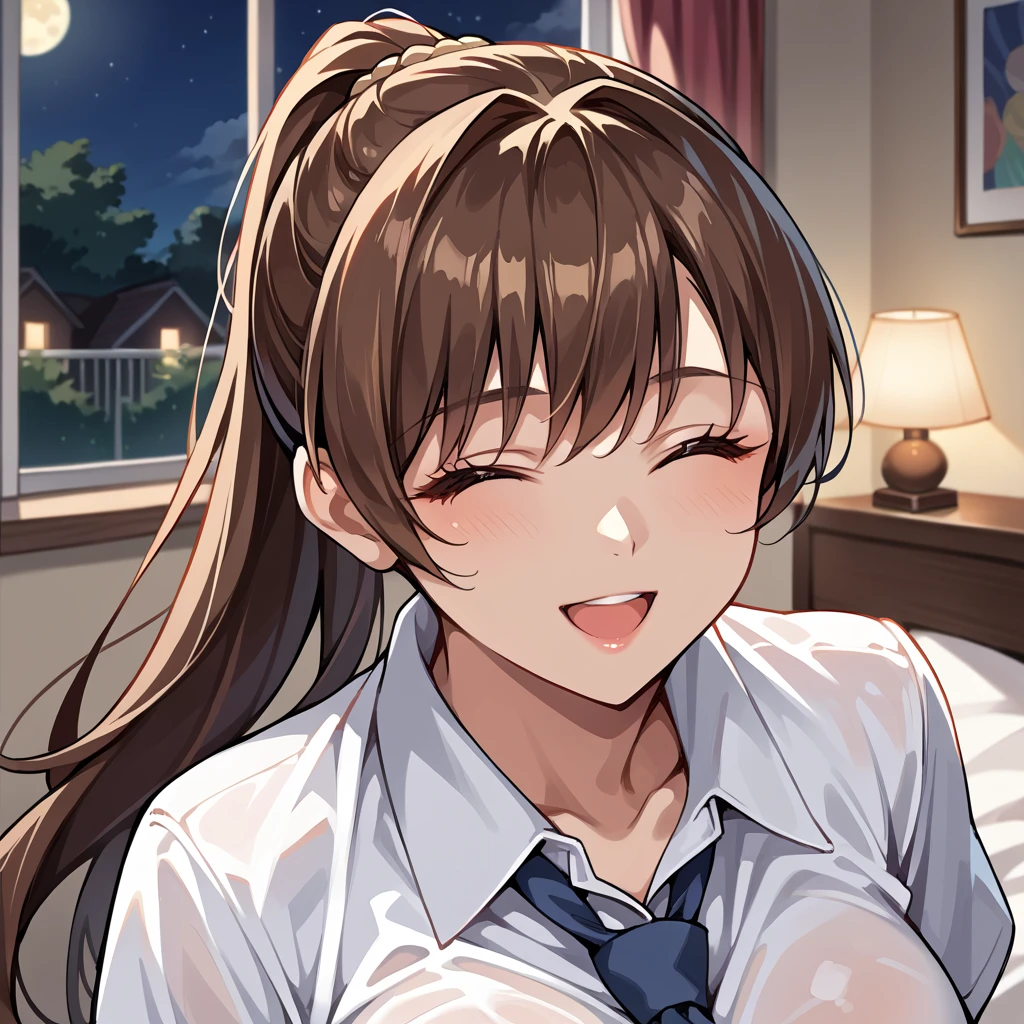 score_9, score_8_up, score_7_up, score_6_up, source_anime, BREAK masterpiece, (masterpiece, best quality), 25歳,tall, solo,doakasumi,ponytail,long hair,dark brown hair,closed eyes,(large breasts0.6),,smile,looking at viewer,((schooll uniform)),(white shirt:1.4),navy tie,,open mouth,,((night)),bedroom,indoor,face focus ,face closed up