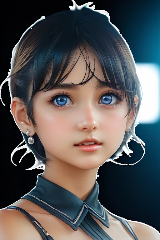 1 girl, young,  beautiful detailed girl, kawaii, earrings, idol costume, idol uniform, on stage, short hair, pixie cut, (best quality:1.3),　very aesthetic,　(ultra detailed:1.2), photo, realistic,8K,　(an extremely delicate and beautiful:1.2), full body, cute, (young face), realistic body, curvy body, finely detailed skin, detailed skin, detailed face, beautiful detailed eyes, beautiful face,  perfect anatomy, look at viewer, model pose