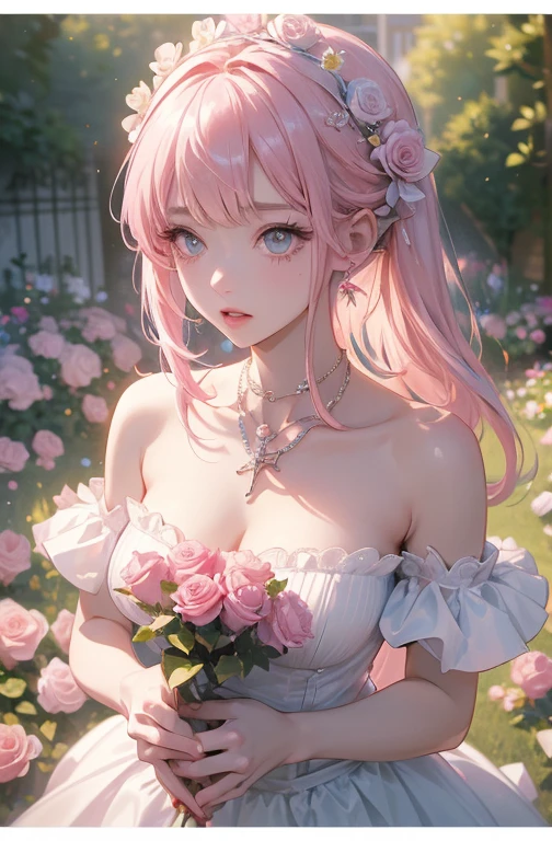 ((masterpiece:1.2)).8k.、    sexy、Center of chest、   Rise of the Chainsaw Man    、Beauty、    yandere、、      Face Closeup   、     Painful Screaming Kiss     、    chest tattoo    、     Bouquet on Christian Dior's Necklace 、(  background is white )、(    waitress    )、((    Pink Hair)).((    look up    )).(( browse viewers))、((Garden Maze 、Roses bloom profusely )).